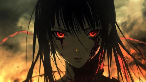 Intense red eyed anime girl with cracked shadowed face
