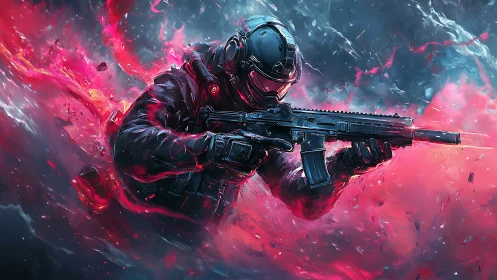 Neon storm commando cuts through electric crimson smoke.