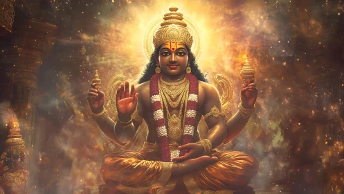 Radiant Hindu deity sits enthroned amid golden cosmic light
