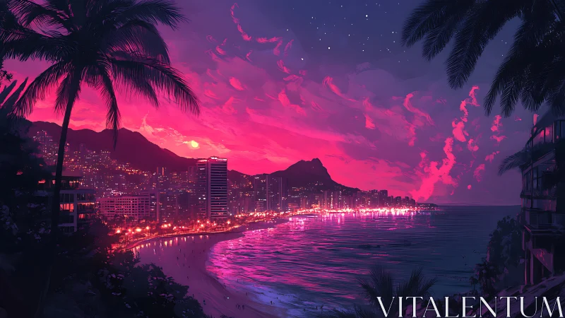 City coastline is rendered at dusk under magenta sky gradients