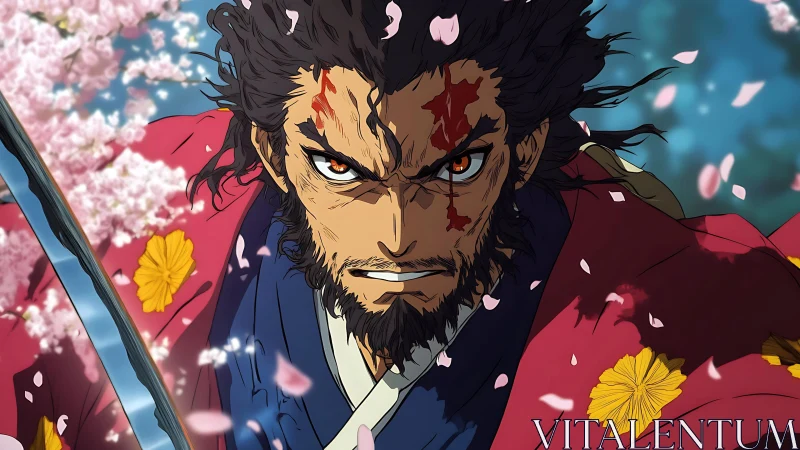 Samurai swordsman under falling petals in close view.