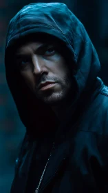 Hooded male subject in low key, blue-toned portrait lighting