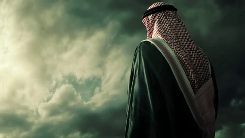Solitary figure in keffiyeh under dramatic storm-lit sky