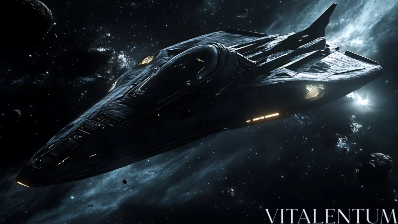 Sleek starship glides calmly through a silent cosmic frontier