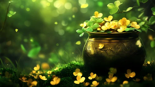 Golden clover pot in luminous forest bokeh environment.