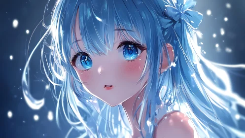 Glimmering blue-haired girl in a dreamy starlit hush.
