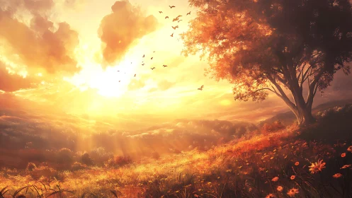 Golden sunrise floods a tranquil meadow with radiant warmth