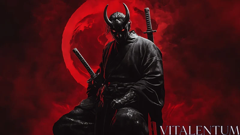 Demonic samurai warrior broods before a blood-red eclipse.