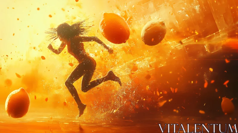 Silhouette runner bursts through citrus explosion in orange haze