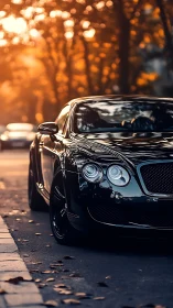 Black coupe parked on urban street at sunset with bokeh.