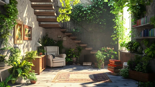 Digital painting of sunlit indoor garden reading loft interior.