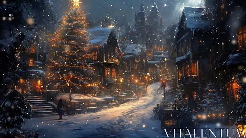 Snowlit village street with illuminated Christmas tree at dusk.