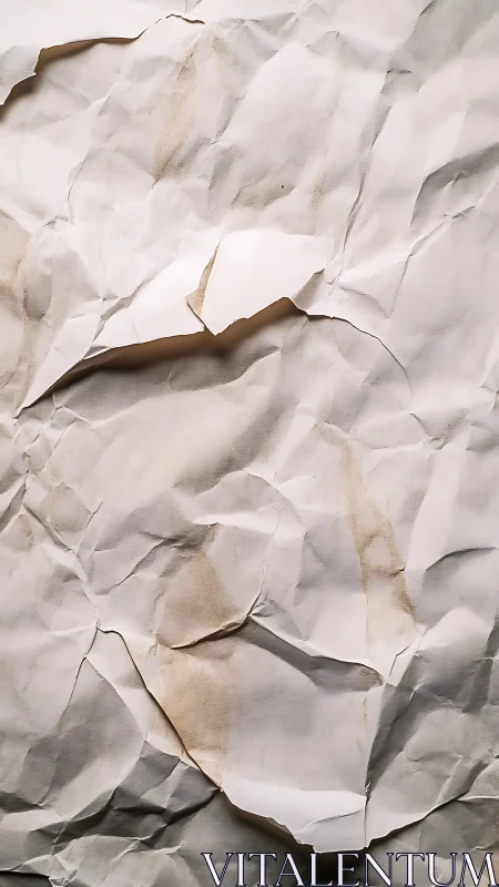 Crumpled, torn sheet of stained white paper background.