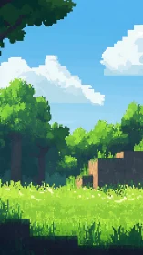 Pixel forest clearing uses blocky lighting gradients and depth cues