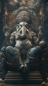 Majestic Ganesha idol sits on ornate throne under smoky glow