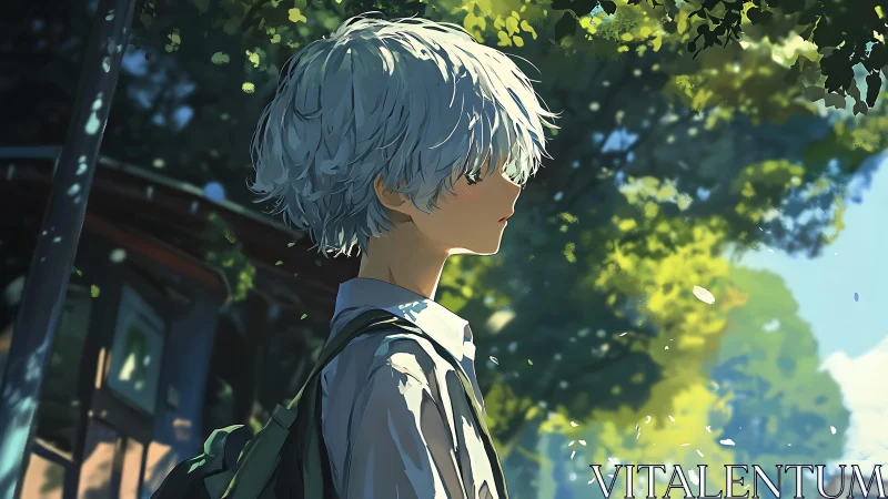 Backlit silver-haired youth in high-contrast summer foliage.