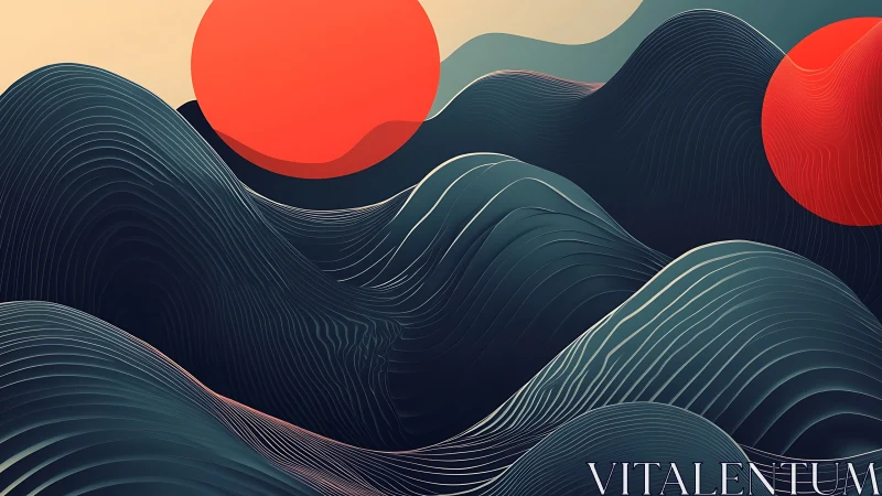 Twin crimson suns over rippling midnight vector dunes.