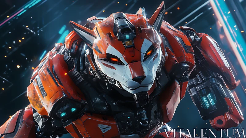 Cybernetic fox mecha warrior in neon-lit battle stance.