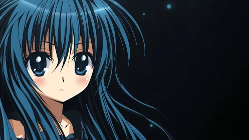 Blue haired anime girl portrait on dark background.