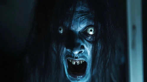 Moonlit shrieking ghoul with hollow eyes and cracked teeth.