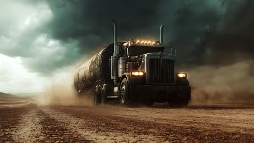 Tanker truck traveling across dusty open terrain under clouds.