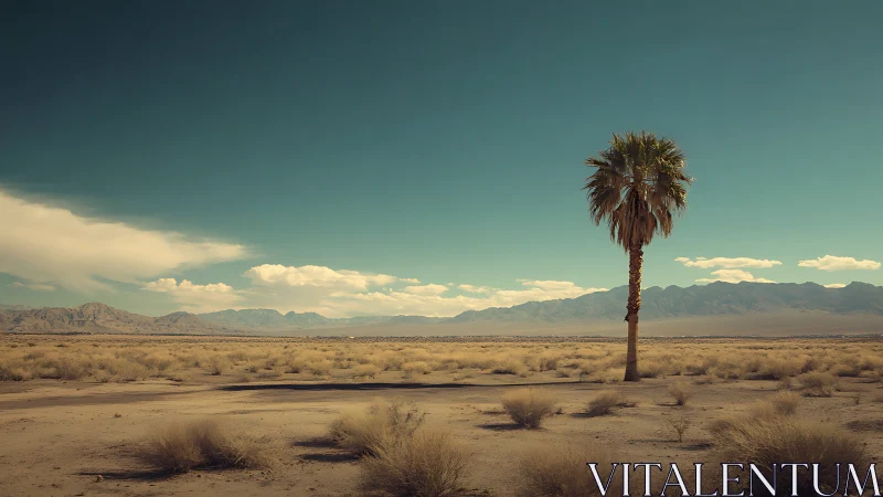 Lone desert palm stands under vast teal sky in silence