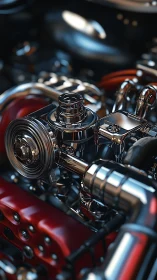 Highly polished chrome engine assembly rendered in macro detail