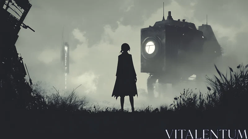 Silhouetted wanderer greets the fog-bound walking bunker