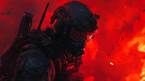 Tactical soldier in full gear against intense red explosion.
