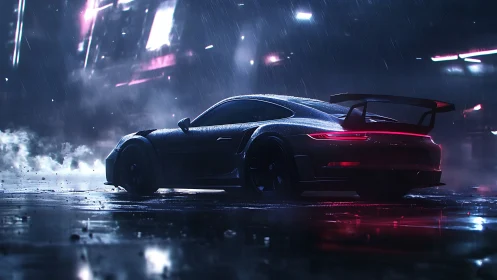 Sleek sports car glows against a neon soaked rainy night street