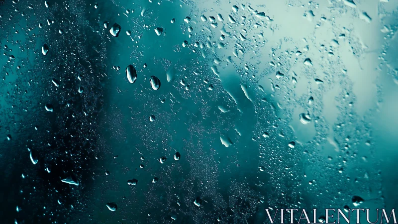 Rain-speckled glass surface glows in moody teal light