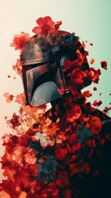 Floral armor silhouette merges sci‑fi helmet with blooming petals