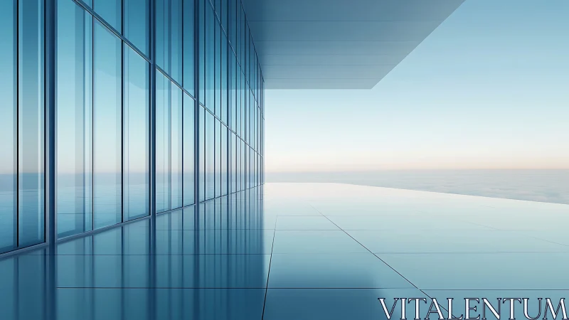 Minimalist glass terrace with horizon-view reflective flooring