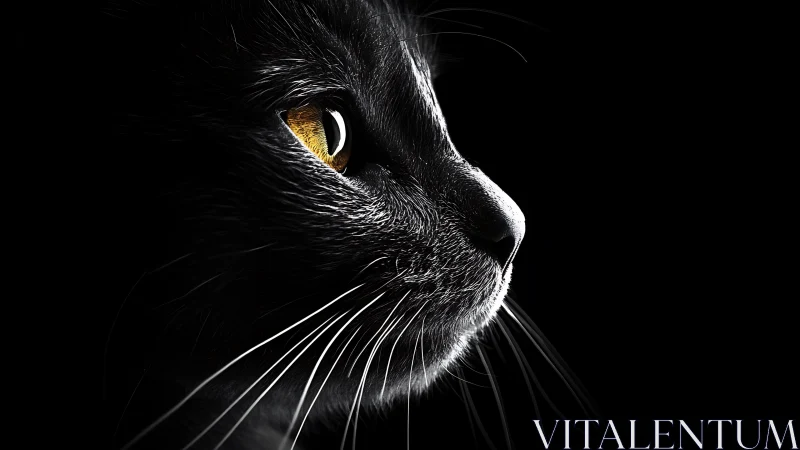 Black Cat with Golden Eyes in Profile Against Dark Background