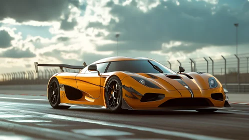 Orange hypercar accelerates along a sunlit racing circuit
