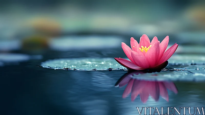 Pink water lily floats on tranquil pond in shallow focus