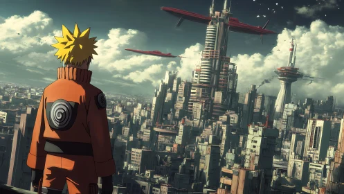 Figure in orange suit observing dense futuristic cityscape.