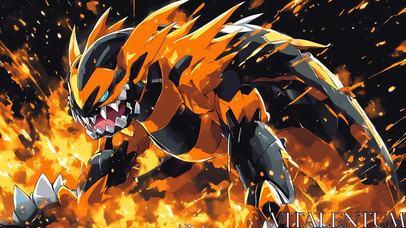 Armored kaiju dragon lunges through volumetric fire particle field