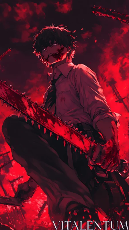Blood-soaked anime slayer with chainsaw in infernal red storm.