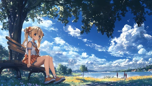 Anime girl on lakeside bench under bright summer sky.