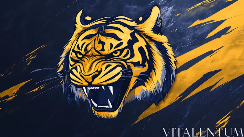 Stylized tiger head illustration on dark abstract background.