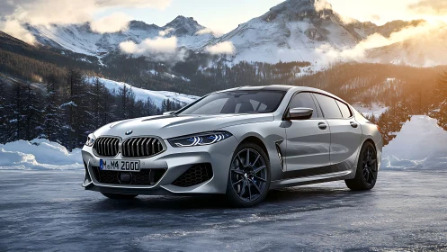 Silver BMW sedan parked on icy mountain plateau at sunset