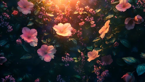 Luminous Floral Garden with Pink and Orange Blooms