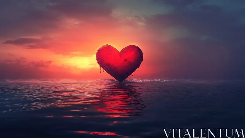 Large red heart form positioned in calm water at sunset