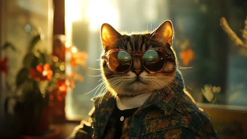 Stylish Cat Wearing Round Sunglasses Indoors