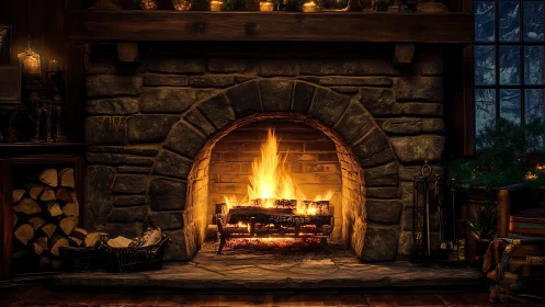 Stone fireplace with active fire and warm ambient lighting.