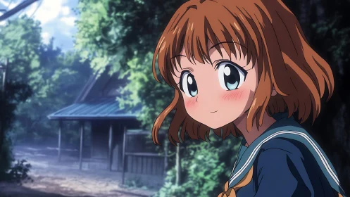 Smiling anime schoolgirl outdoors near quiet forest path.