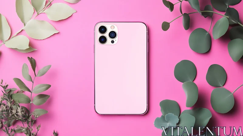White iPhone 12 Pro displayed on bright pink background with botanical styling