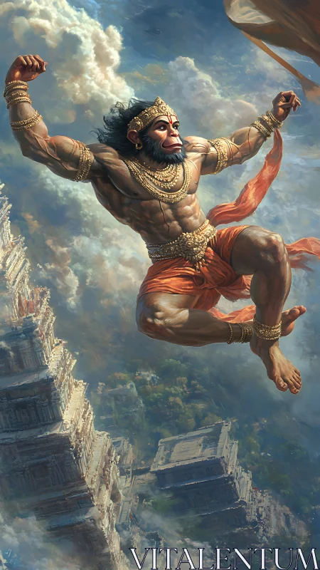 Mythic vanara aerial leap over stratified temple complex.