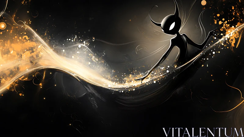 Shadow sprite surfing golden energy wave in void.